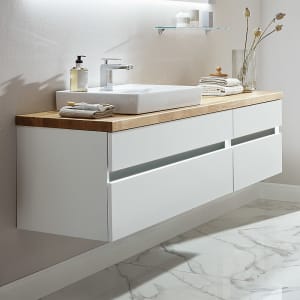 Puris b • essence Set mit Waschtischunterschrank links, Unterschrank und Waschtischplatte 161,2 cm, Griff 342