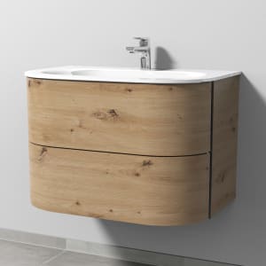 Sanipa 4balance Glas-Waschtisch + Waschtischunterbau 80 cm mit 2 Auszügen mit schwarzer Griffleiste