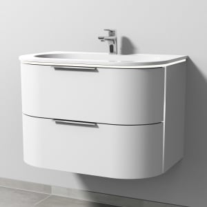 Sanipa 4balance Keramik-Waschtisch + Waschtischunterbau 80 cm mit 2 Auszügen, LED, Griffe in schwarz matt