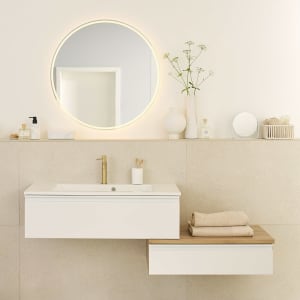 SCHÖNER WOHNEN-Kollektion Stockholm Badmöbelset aus Mineralguss-Möbelwaschtisch mit Unterschrank und Plattenunterschrank und Flächenspiegel rund 160 cm, Griff 353