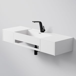 Steinberg Serie 443 Wandwaschtisch mit 2 Auszügen und Handtuchhalter aus Mineo Stone 120 x 40 cm