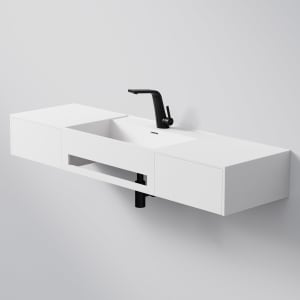 Steinberg Serie 443 Wandwaschtisch mit 2 Auszügen und Handtuchhalter aus Mineo Stone 140 x 40 cm