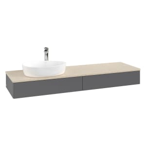 Villeroy & Boch Antao Waschbeckenunterschrank, 160 x 19 cm, 2 Auszüge mit LED-Licht, Front ohne Struktur, mit Hahnloch, für Waschtisch links