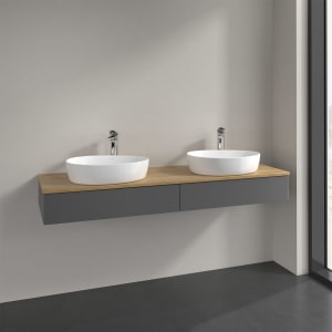 Villeroy & Boch Antao Waschbeckenunterschrank, 160 x 19 cm, 2 Auszüge mit LED-Licht, Front ohne Struktur, mit Hahnloch, für Waschtisch links und recht