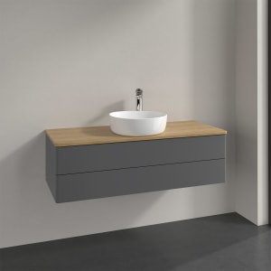 Villeroy & Boch Antao Waschbeckenunterschrank, 120 x 36 cm, 2 Auszüge mit LED-Licht, Front ohne Struktur, mit Hahnloch, für Waschtisch mittig