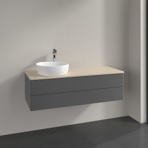 Villeroy & Boch Antao Waschbeckenunterschrank, 120 x 36 cm, 2 Auszüge mit LED-Licht, Front ohne Struktur, mit Hahnloch, für Waschtisch links