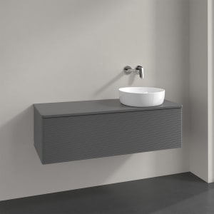 Villeroy & Boch Antao Waschbeckenunterschrank, 120 x 36 cm, 1 Auszug mit LED-Licht, Front mit Struktur, mit Hahnloch, für Waschtisch rechts