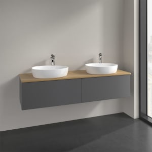 Villeroy & Boch Antao Waschbeckenunterschrank, 160 x 36 cm, 2 Auszüge mit LED-Licht, Front ohne Struktur, mit Hahnloch, für Waschtisch links und recht