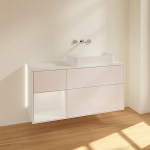 Villeroy & Boch Finion Waschtischunterschrank 120 cm mit Regalelement links und Abdeckplatte, mit Wandbeleuchtung