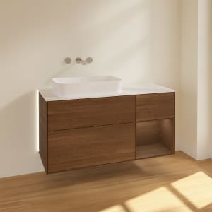 Villeroy & Boch Finion Waschtischunterschrank 120 cm mit Regalelement rechts und Abdeckplatte, mit Wandbeleuchtung