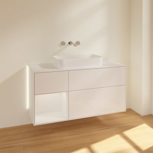 Villeroy & Boch Finion Waschtischunterschrank 120 cm mit Regalelement links und Abdeckplatte, mit Wandbeleuchtung