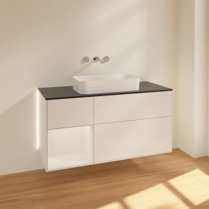 Villeroy & Boch Finion Waschtischunterschrank 120 cm mit Regalelement links und Abdeckplatte, mit Wandbeleuchtung
