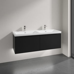 Villeroy & Boch Subway 3.0 Badmöbel-Set 130 cm mit Beleuchtung, Griff volcano black, 2 Auszüge, Doppelwaschtisch