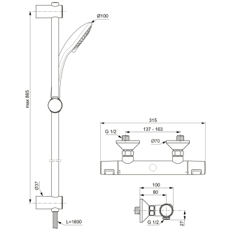 Ideal Standard B9502AA Idealrain Brausekombination Aufputz - Duschsystem Mit Handbrause, 900 Mm Schiene & Seifenschale