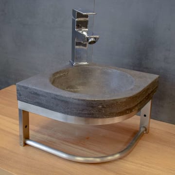 Stone Naturstein Handwaschbecken anthrazit 30 cm mit Edelstahlgestell, mit Hahnloch