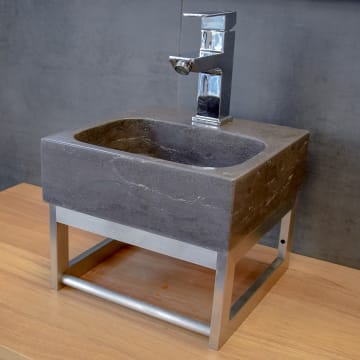 Stone Naturstein Handwaschbecken anthrazit 30 cm mit Edelstahlgestell, mit Hahnloch