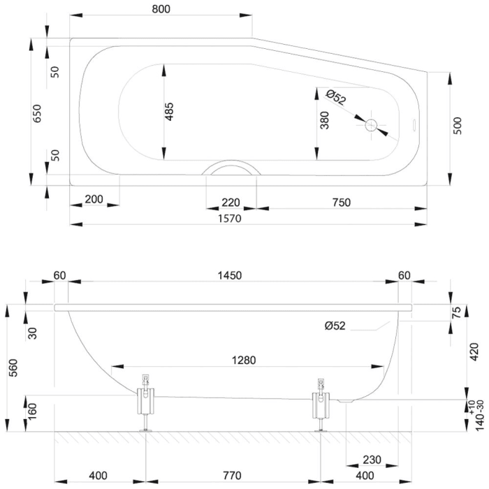 Bette Bambino Raumsparwanne 157 x 65 cm links mit Griffbohrung