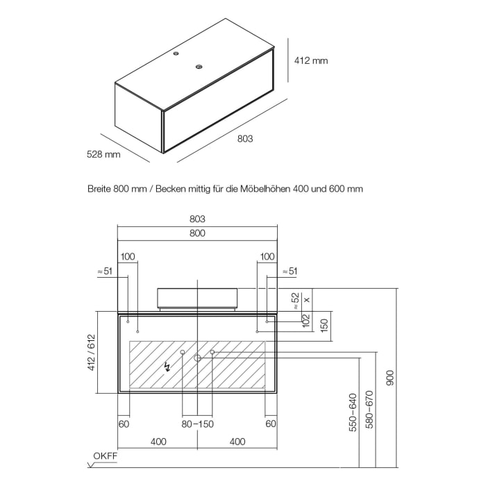 Alape Arkta Möbelmodul mit Trägerplatte 80 cm, Beckenposition mittig