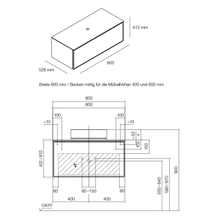 Alape Arkta Möbelmodul mit Trägerplatte 80 cm, Beckenposition mittig