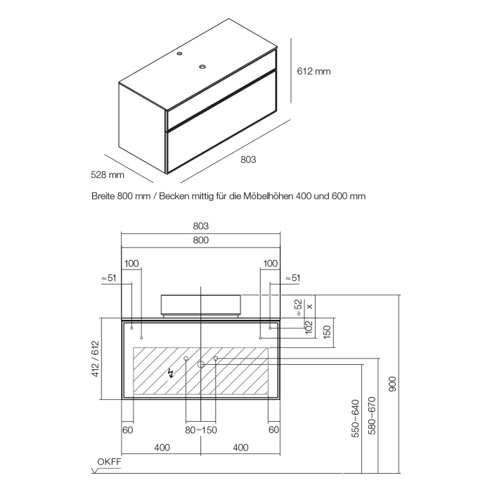 Alape Arkta Möbelmodul mit Trägerplatte 80 cm, Beckenposition mittig