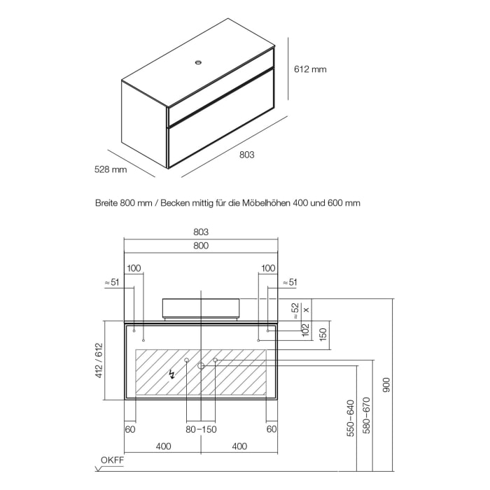 Alape Arkta Möbelmodul mit Trägerplatte 80 cm, Beckenposition mittig