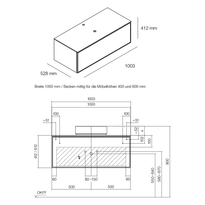 Alape Arkta Möbelmodul mit Trägerplatte 100 cm, Beckenposition mittig