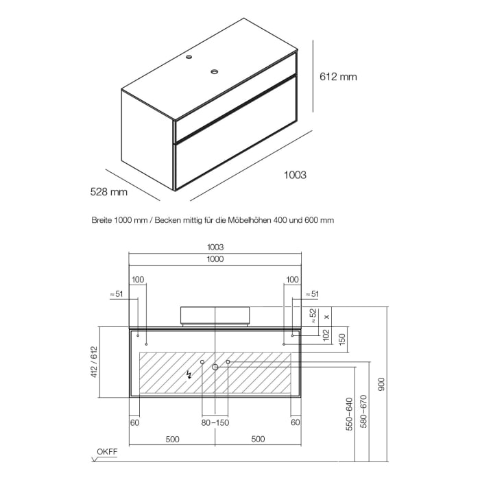 Alape Arkta Möbelmodul mit Trägerplatte 100 cm, Beckenposition mittig