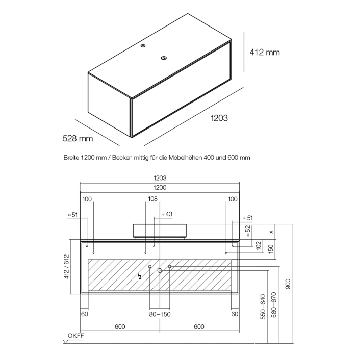 Alape Arkta Möbelmodul mit Trägerplatte 120 cm, Beckenposition mittig