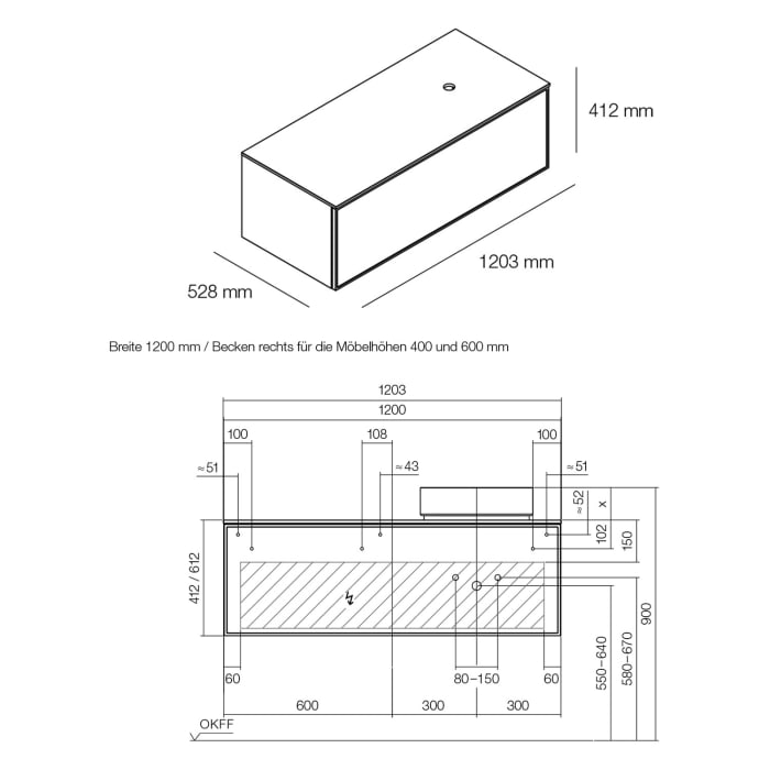 Alape Arkta Möbelmodul mit Trägerplatte 120 cm, Beckenposition rechts