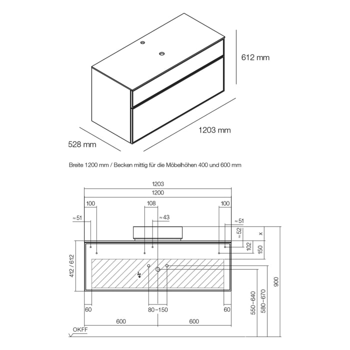 Alape Arkta Möbelmodul mit Trägerplatte 120 cm, Beckenposition mittig
