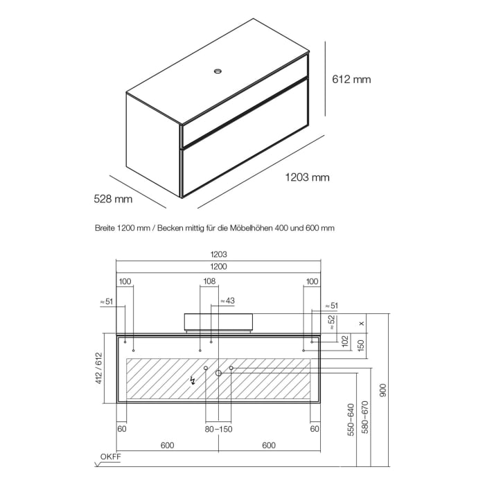 Alape Arkta Möbelmodul mit Trägerplatte 120 cm, Beckenposition mittig