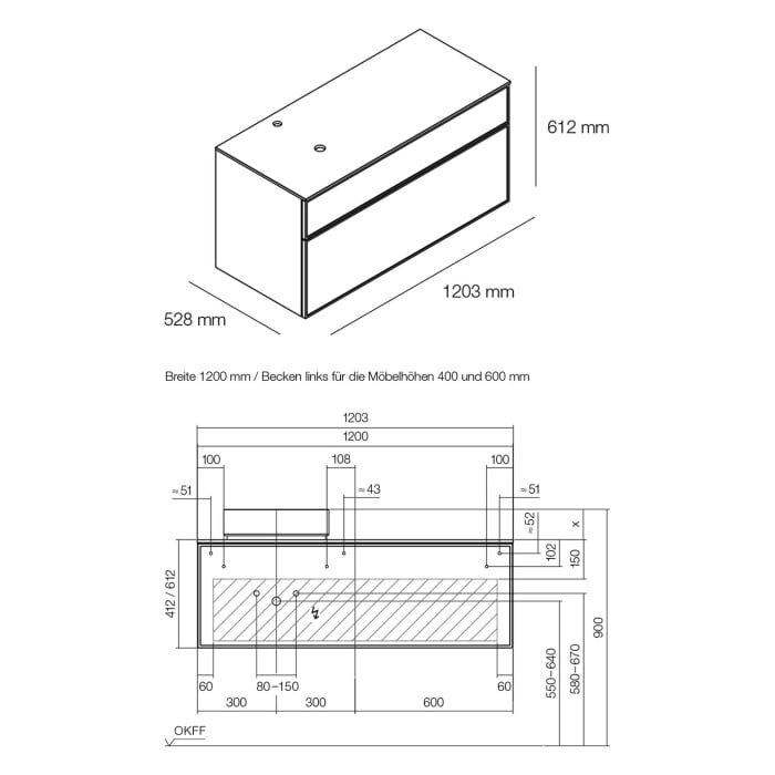 Alape Arkta Möbelmodul mit Trägerplatte 120 cm, Beckenposition links