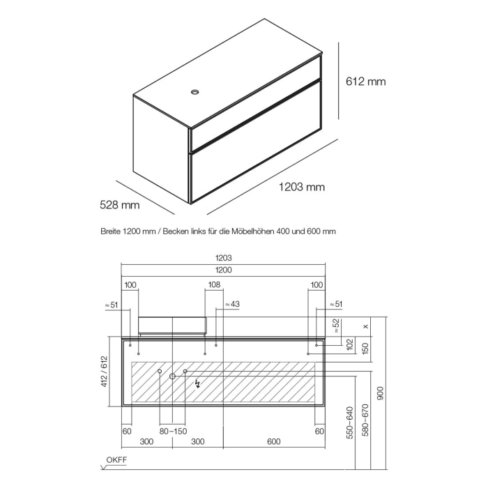 Alape Arkta Möbelmodul mit Trägerplatte 120 cm, Beckenposition links