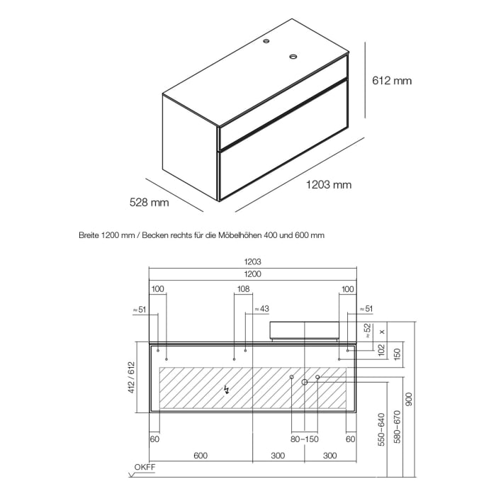 Alape Arkta Möbelmodul mit Trägerplatte 120 cm, Beckenposition rechts