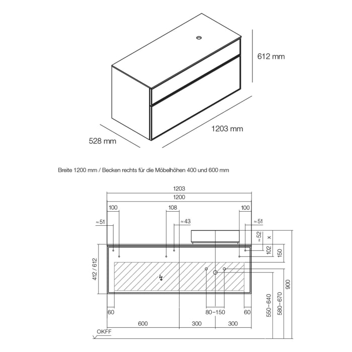 Alape Arkta Möbelmodul mit Trägerplatte 120 cm, Beckenposition rechts