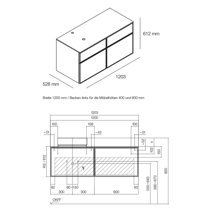 Alape Arkta Möbelmodul mit Trägerplatte 120 cm, Beckenposition links