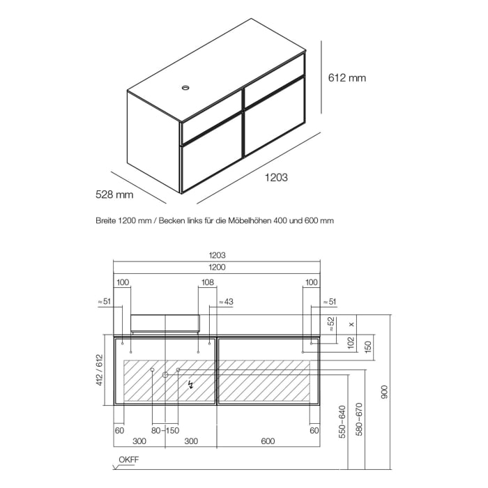 Alape Arkta Möbelmodul mit Trägerplatte 120 cm, Beckenposition links