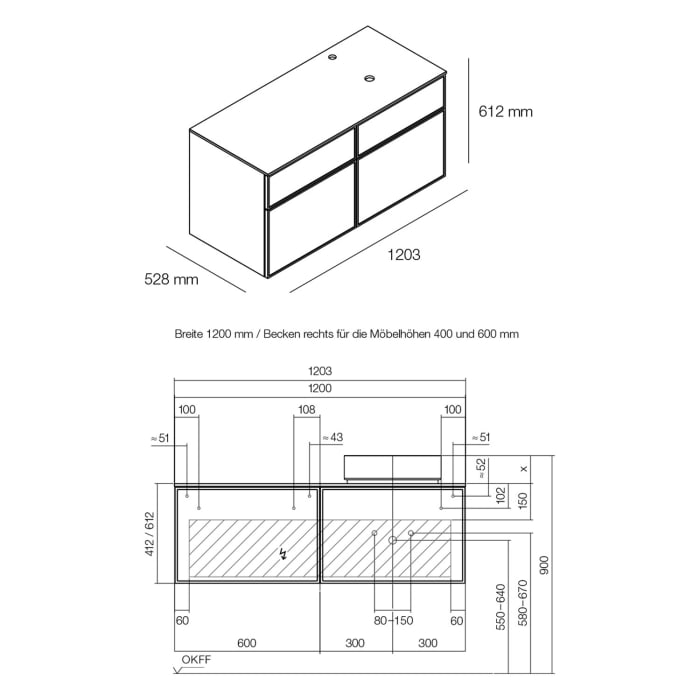 Alape Arkta Möbelmodul mit Trägerplatte 120 cm, Beckenposition rechts