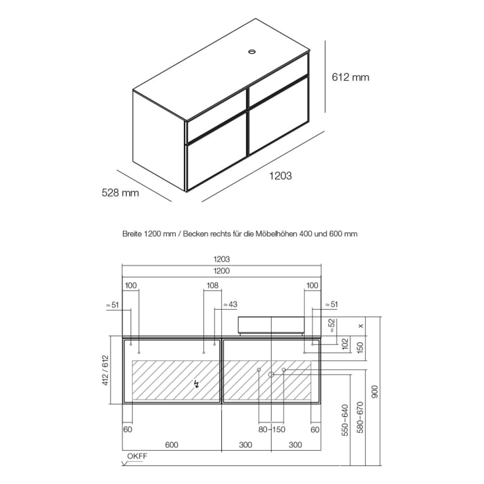 Alape Arkta Möbelmodul mit Trägerplatte 120 cm, Beckenposition rechts