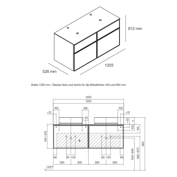 Alape Arkta Möbelmodul mit Trägerplatte 120 cm, Beckenposition links und rechts
