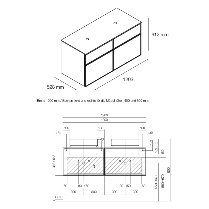 Alape Arkta Möbelmodul mit Trägerplatte 120 cm, Beckenposition links und rechts