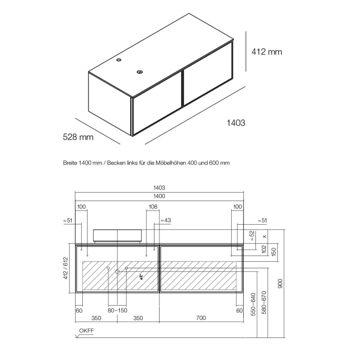 Alape Arkta Möbelmodul mit Trägerplatte 140 cm, Beckenposition links