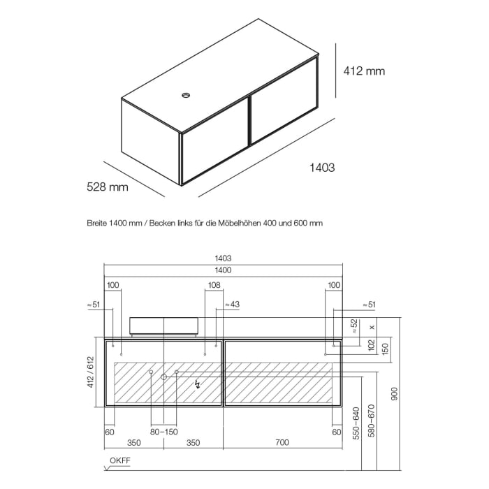 Alape Arkta Möbelmodul mit Trägerplatte 140 cm, Beckenposition links