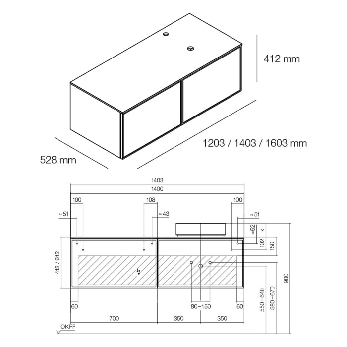 Alape Arkta Möbelmodul mit Trägerplatte 140 cm, Beckenposition rechts