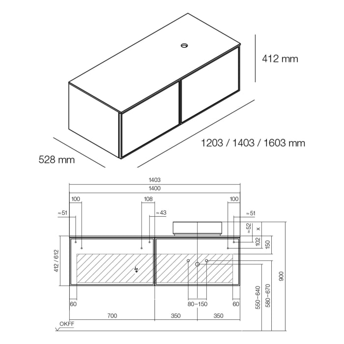 Alape Arkta Möbelmodul mit Trägerplatte 140 cm, Beckenposition rechts