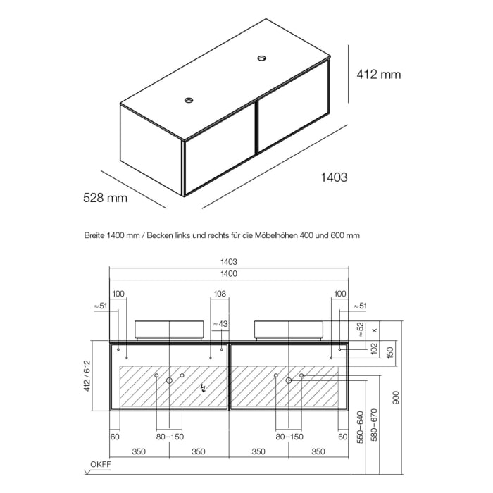 Alape Arkta Möbelmodul mit Trägerplatte 140 cm, Beckenposition links und rechts