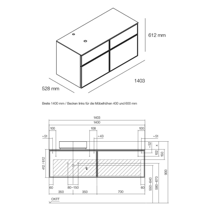 Alape Arkta Möbelmodul mit Trägerplatte 140 cm, Beckenposition links