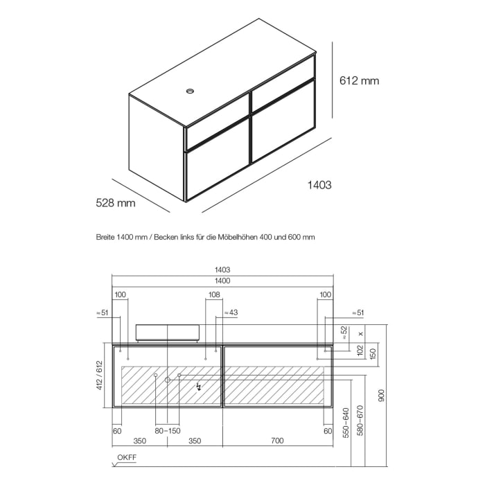 Alape Arkta Möbelmodul mit Trägerplatte 140 cm, Beckenposition links