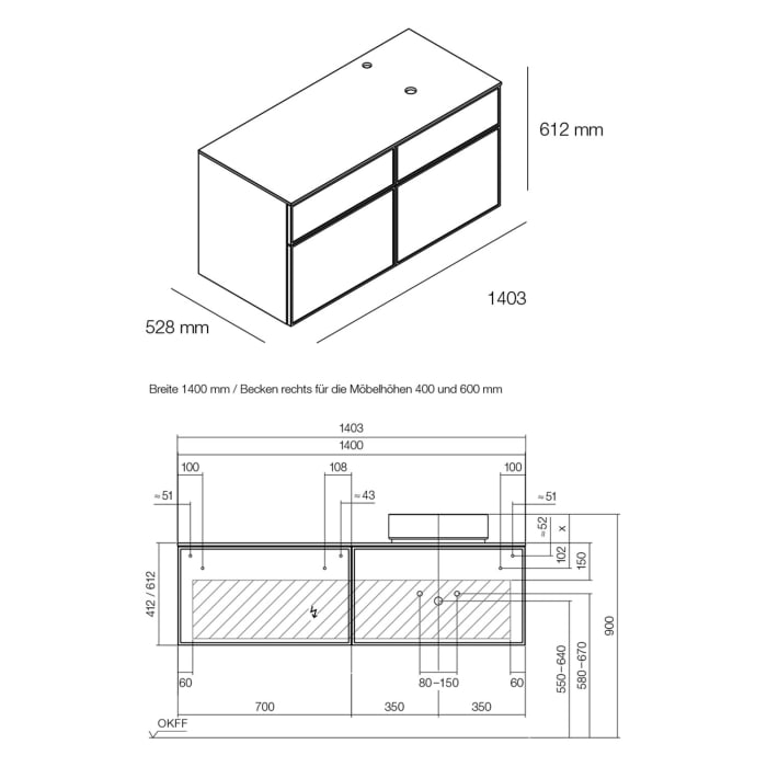 Alape Arkta Möbelmodul mit Trägerplatte 140 cm, Beckenposition rechts