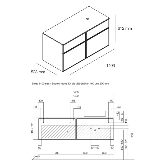 Alape Arkta Möbelmodul mit Trägerplatte 140 cm, Beckenposition rechts